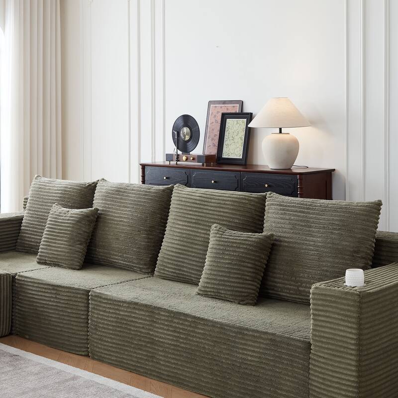 Modular Sectional Cloud Couch, Oversized Corduroy Fabric Deep Seat Sofa, Upholstered Sofa with Armrests & Cup Holders