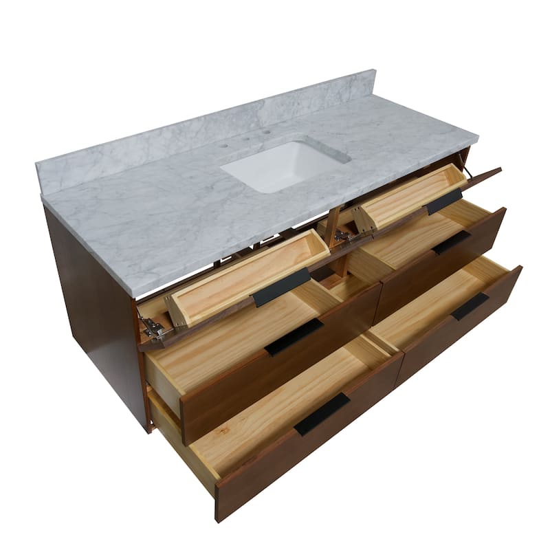 KitchenBathCollection Oslo 60" Floating Wall-Mounted Single Bathroom Vanity with Carrara Marble Top