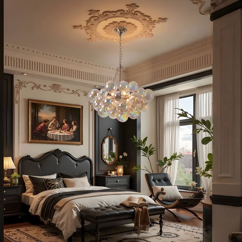 Starsky 6-Light lridescent Bubble Glass Globe chandelier, Hand-Blown Colorful cluster Light, Adjustable Height, Gold or Nickel