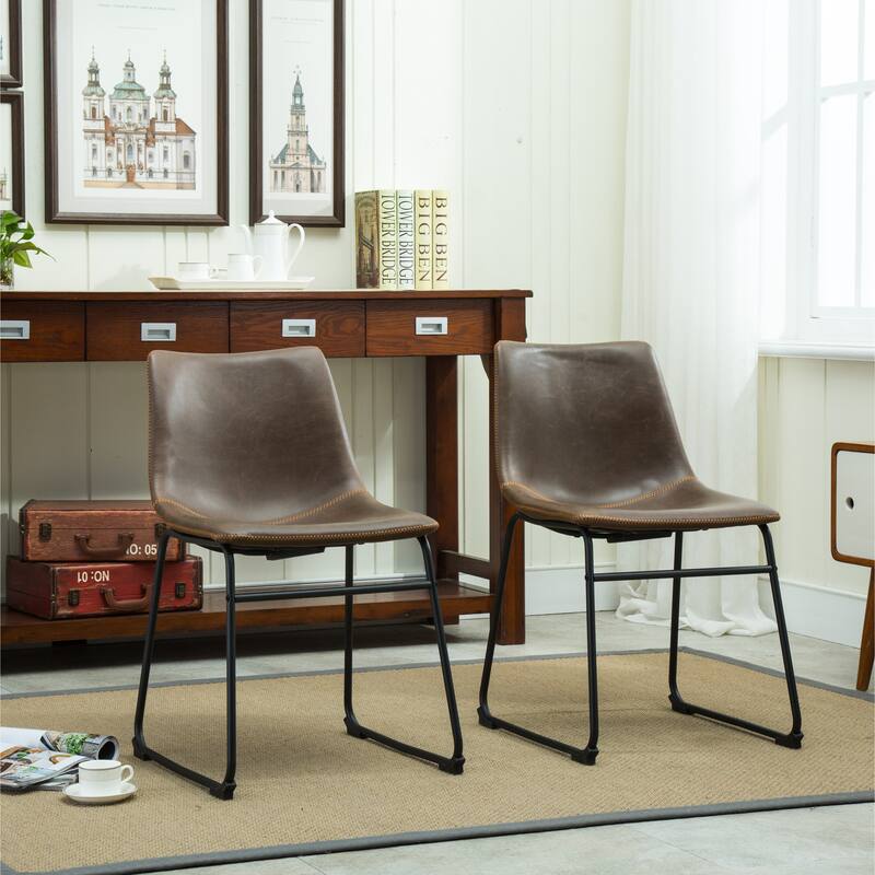 Vintage PU Leather Dining Chairs with Sleigh-Style Legs and Integrated Footstool, for Dining Rooms, Set of 2, White