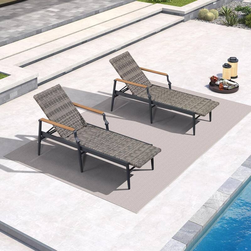PURPLE LEAF Patio Chaise Lounge Chair Set of 2 Outdoor Lounge Chair with Arm All Weather Adjustable Lounger - Wicker Wooden Armrest(Light Gray)
