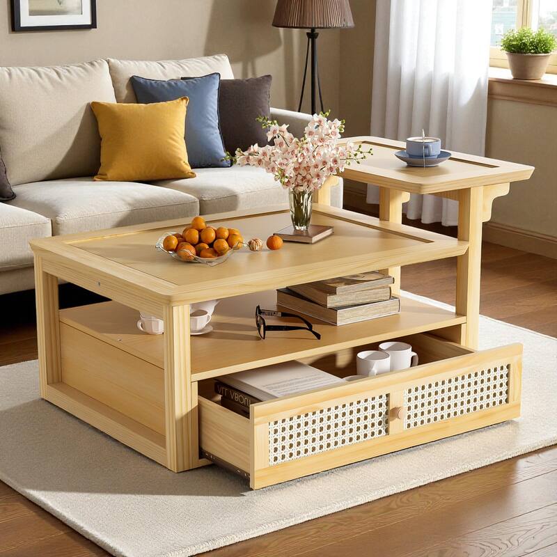 31.5'' Modern Coffee Table with Rattan Drawer, Dual Tabletops & Storage Shelf, Wooden Accent Table for Living Room - Natural
