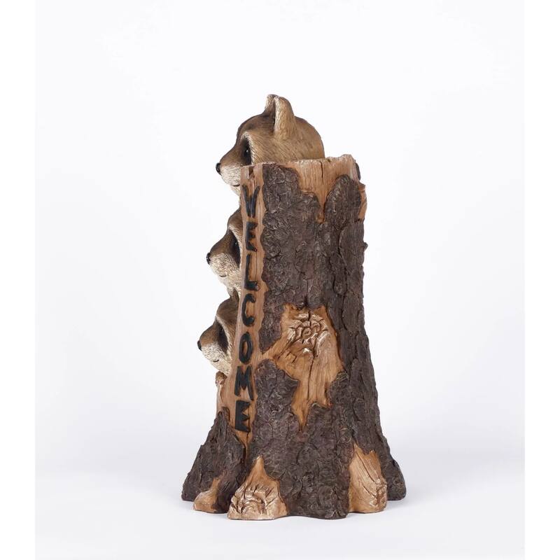 17" Brown Black Three Raccoons a Tree Trunk Welcome Sign Garden Statue