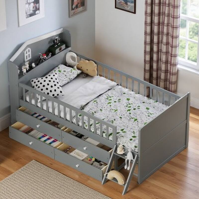Twin Kids' Platform Bed with 4 Storage Drawers, Guardrail Headboard, Ladder, and Built-In Shelf, Gray Wooden Frame - Gray