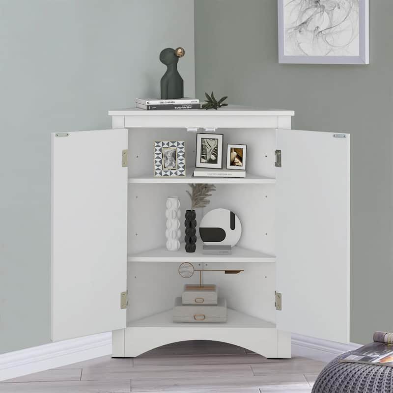 Modern Stylish Triangle Corner Storage Cabinet with Two Adjustable Internal Shelves - White