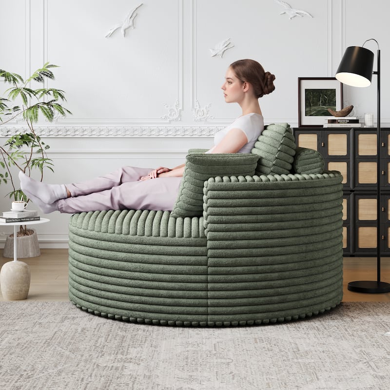 Corduroy Upholstered Single Sofa, Oversized Fluffy Sleeper Chair, Round Reading Chair with Headrest & 2 Pillow