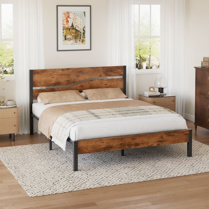 Javlergo Metal Platform Bed Frame with Wooden Headboard and Footboard Farmhouse Rustic Platform Bed Frame No Box Spring Needed