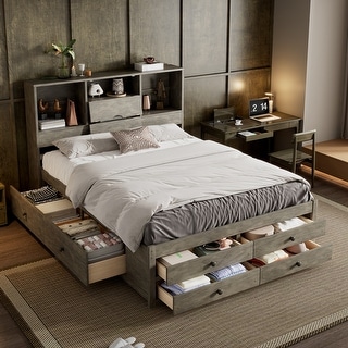 Wood Platform Storage Bed Bookcase Headboard Beds w 8 Drawers, Gray