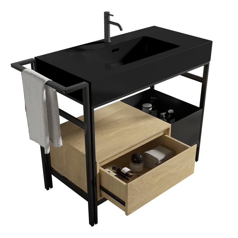 GDFStudio - Forte Industrial Metal Frame Bathroom Vanity with Artificial Stone Basin, Towel Rack & Open Storage