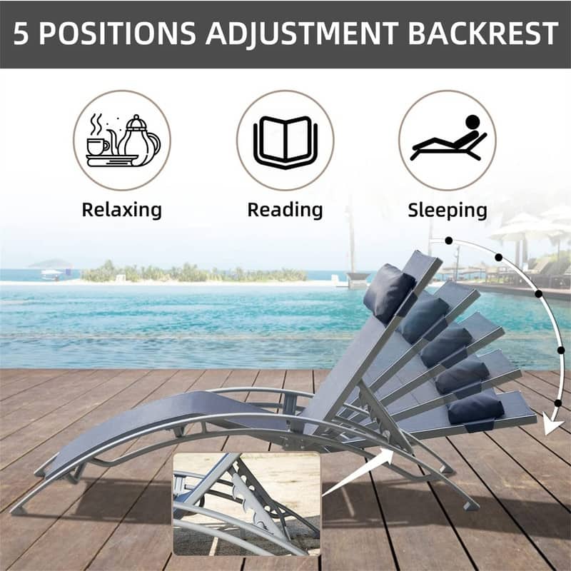 3Pcs Adjustable Aluminum Outdoor Chaise Lounge Chairs with Metal Side Table