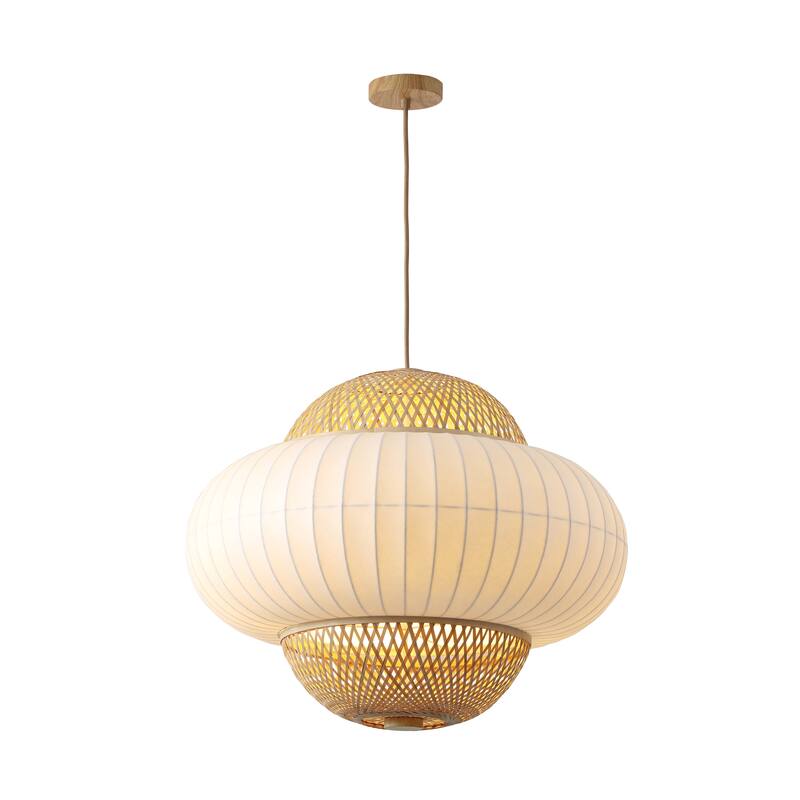 Hikari 60-Watt 4-Light Wood Grain and Natural Pendant Design Pendant Light with Woven Bamboo Shade and Bulb Not Included