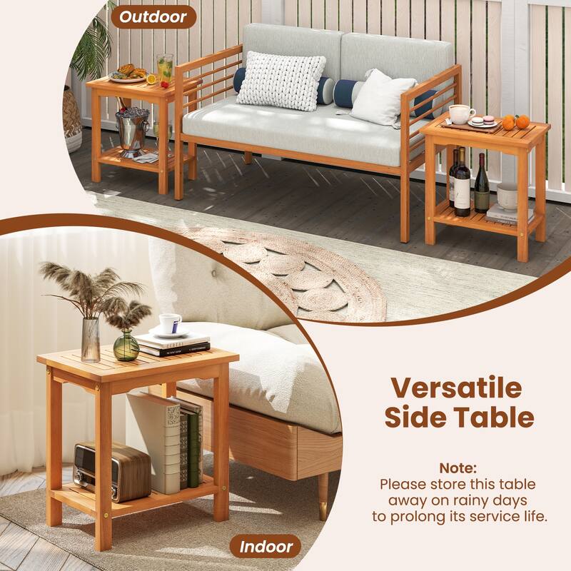 Gymax Outdoor Acacia Wood Side Table 2-Tier Patio End Table w/ Slatted