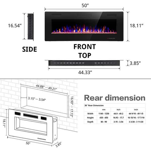 dimension image slide 1 of 5, Electric Fireplace Heater Recessed Wall-mounted w/ RC (750-1500W)