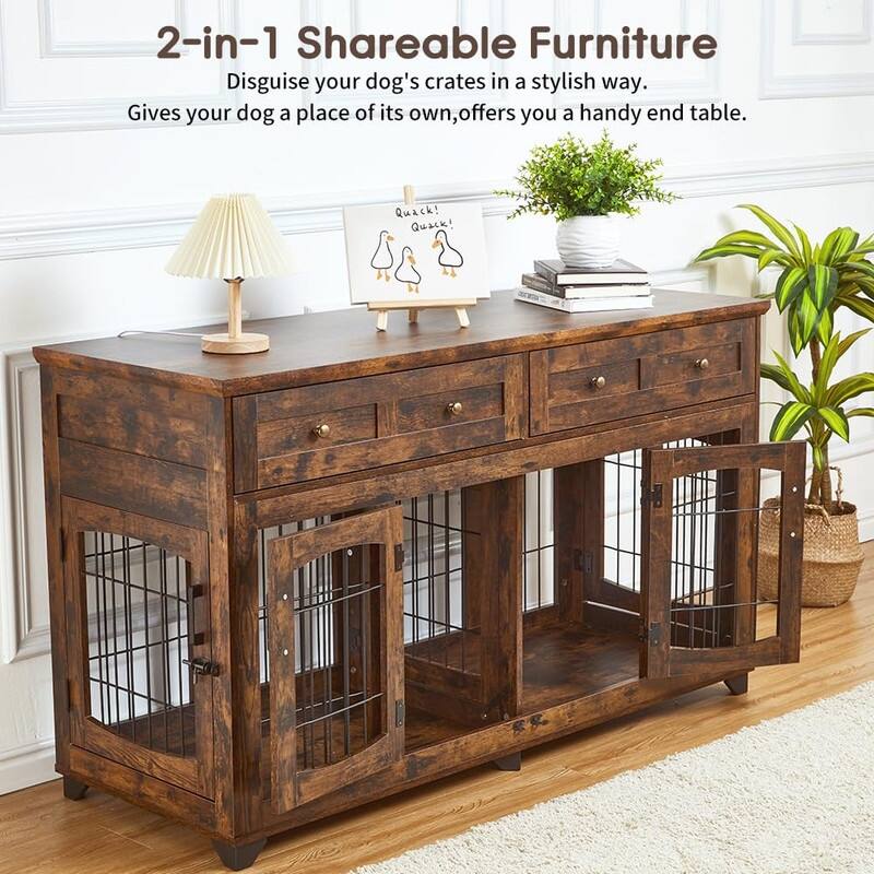 58" Wooden Dog Crate Furniture TV Stand withStorage Drawers