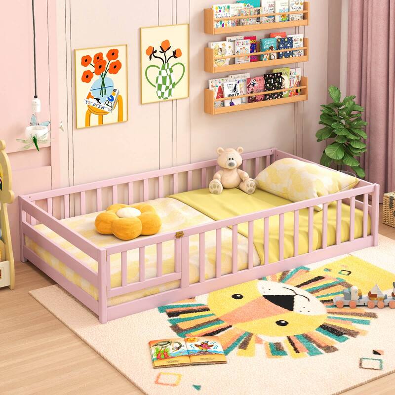 Costway Twin Size Floor Bed with Door & Fence with Safety Guardrails &