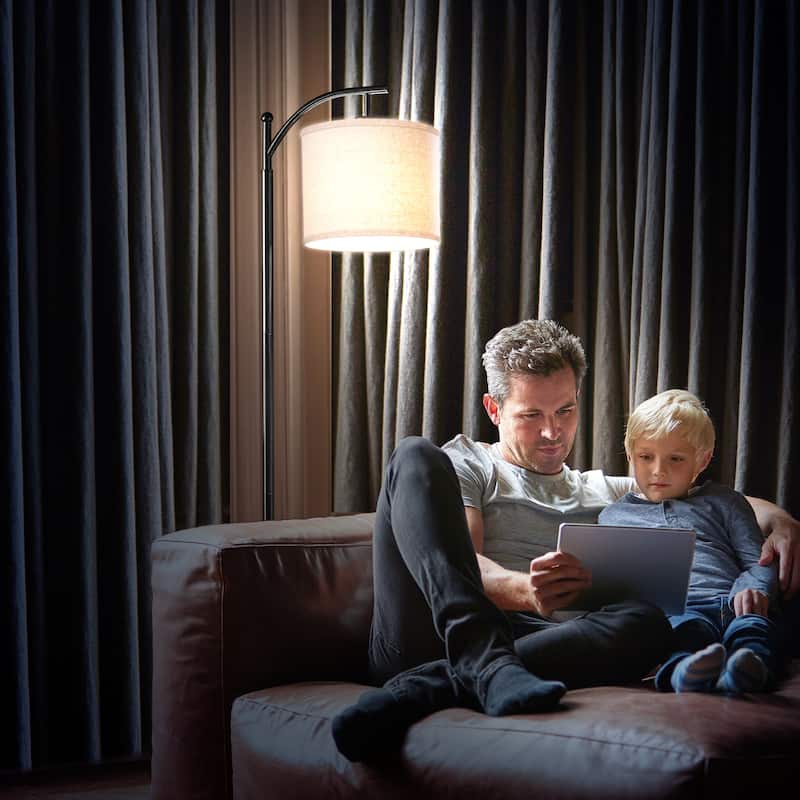 Brightech Montage 62 in. Mid-Century Modern LED Super Bright Floor Lamp with Beige Fabric Drum Shade - Black