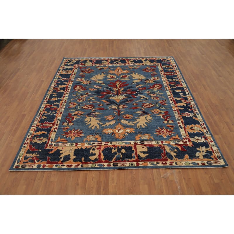 Hand Knotted Oriental 100% Wool Carpet Transitional Floral Navy Blue & Blues Oushak Area Rug - 9' 7'' X 8' 5''