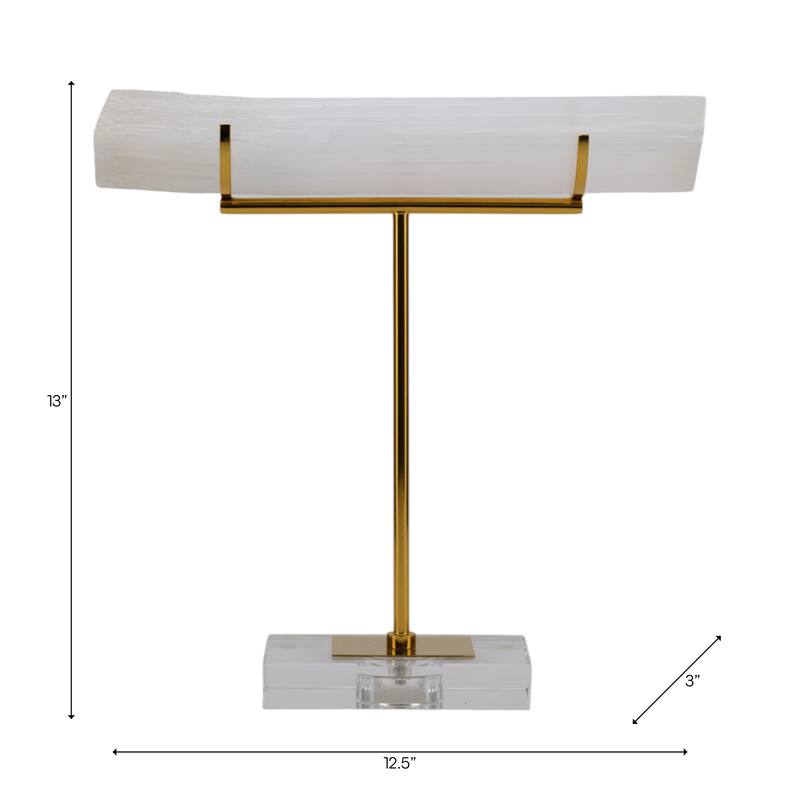 Selenite Stone Log Statuary with Metal Accents and Acrylic Base