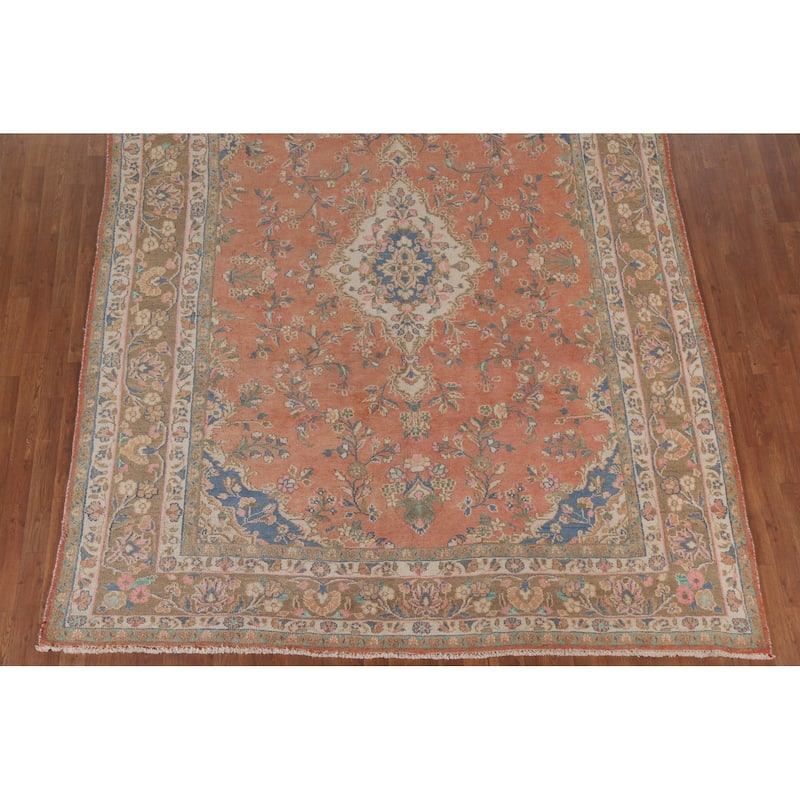 Hand Knotted Oriental 100% Wool Carpet Traditional Floral Coral Mashad Area Rug - 10' 7'' X 8' 0''