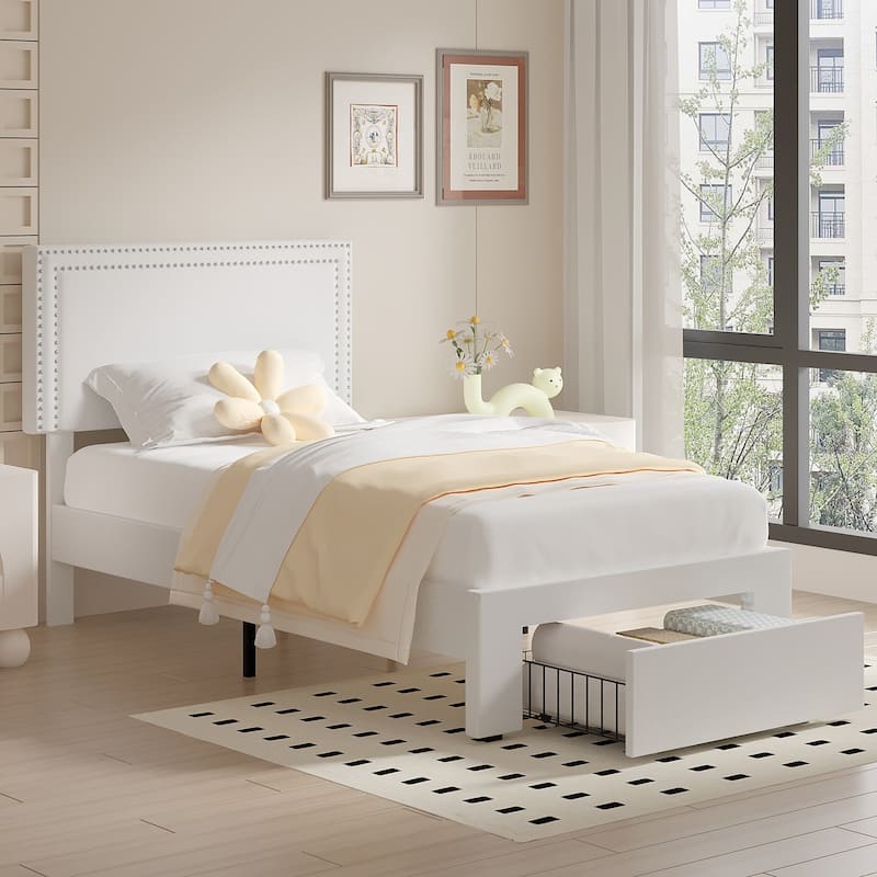 VECELO Upholstered Storage Bed Frames with 4 Storage Drawers Platform Bed Frame with Adjustable Velvet Rivets Headboard