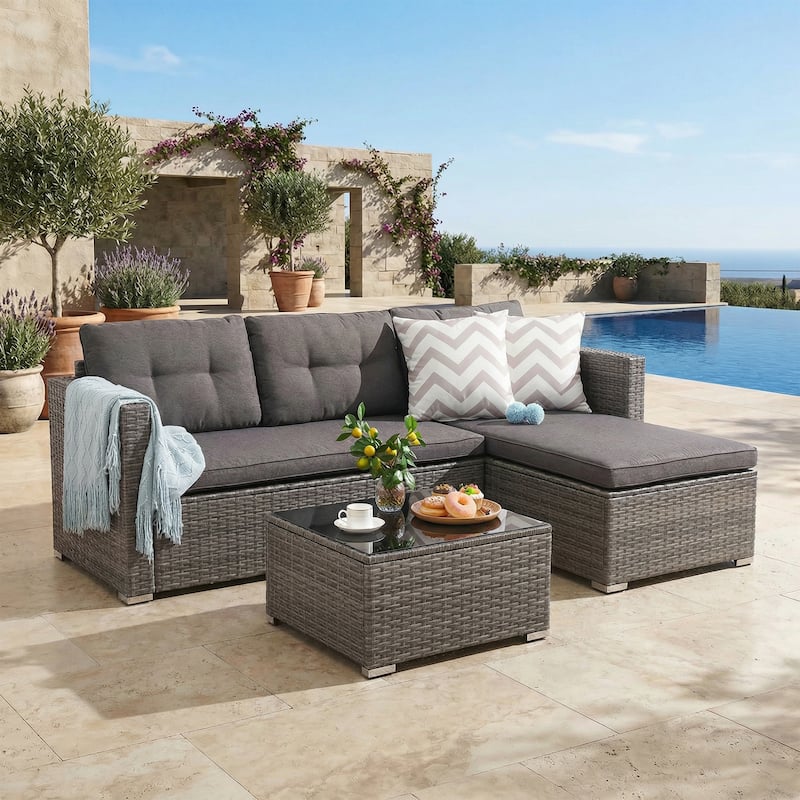 L-Shaped Outdoor Sectional Sofa, PE Wicker Patio Sofa Set with Table and Cushions