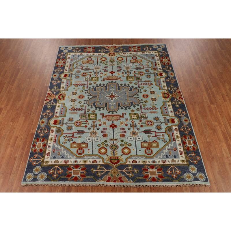 Light Blue Kazak Oriental Area Rug Handmade Wool Carpet - 7'10"x 9'10"