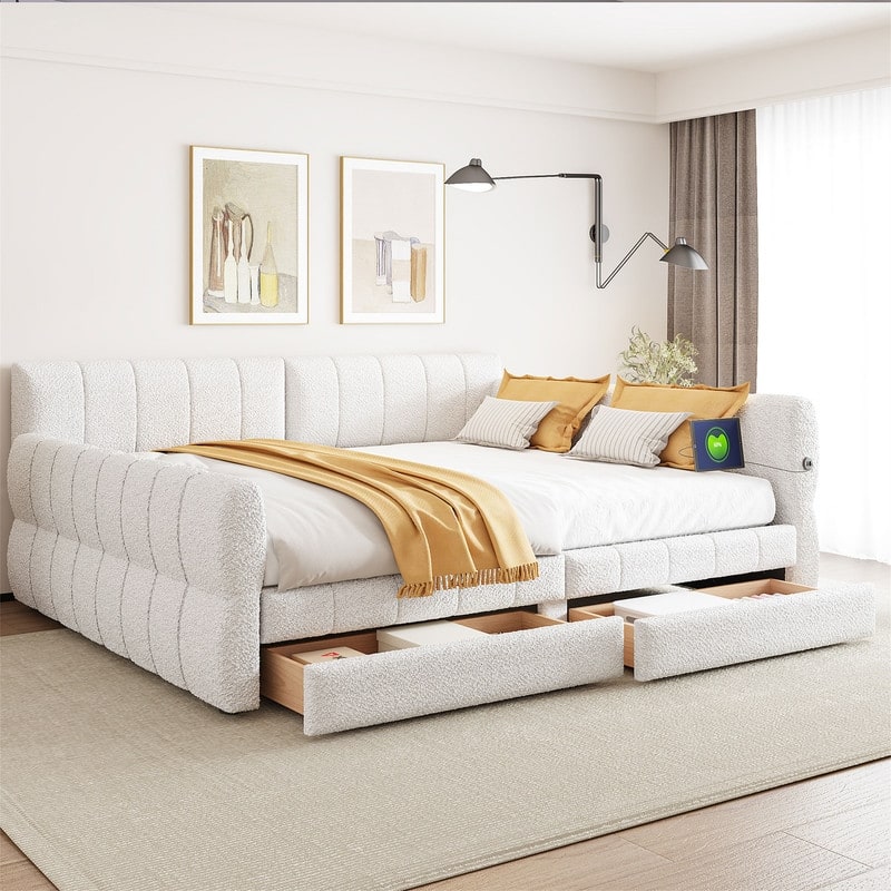 Upholstered Daybed with 2 Storage Drawers, Queen Size Sofa Bed Frame with USB Ports Design and Wood Slats Support