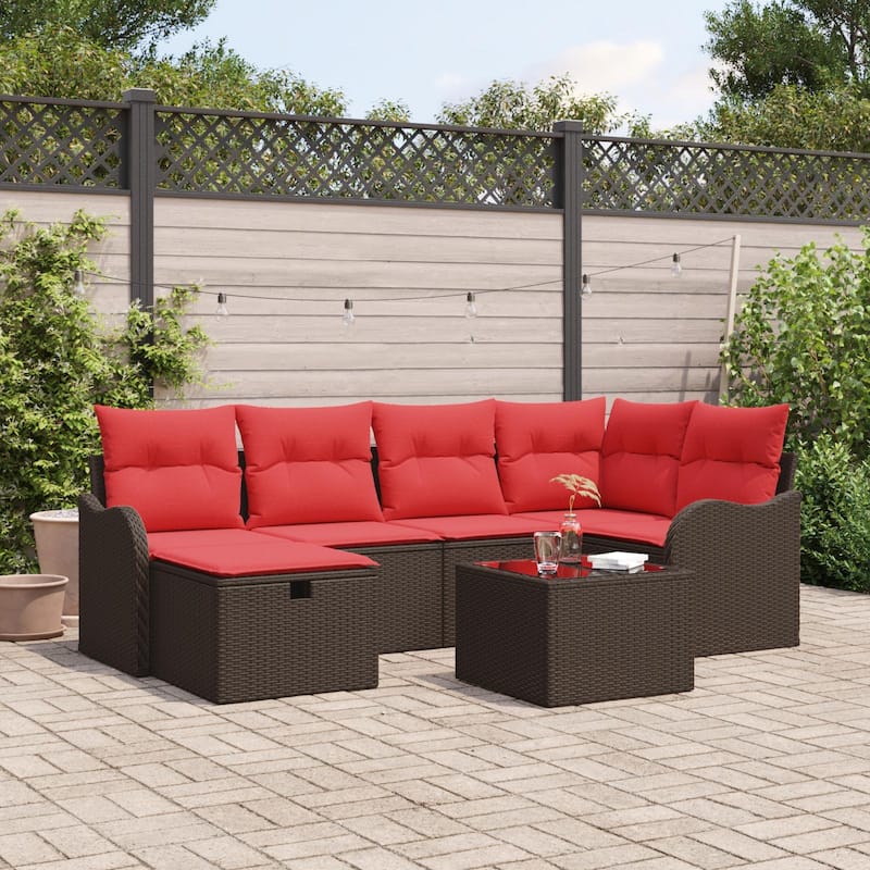 vidaXL 6/7 Garden Sofa Set with Cushions Black/Brown/Grey Poly Rattan - 91.5 x 48.2 x 27.2 - Brown with table