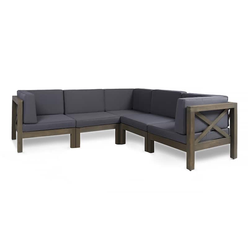Brava Outdoor 5-Seat Acacia Wood Sofa Set by Christopher Knight Home - gray + dark gray cuhsion