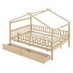 preview thumbnail 6 of 12, Natural Full Size Wooden House Bed with Two Drawers and Roof for Kids, Boys and Girls, Bedroom