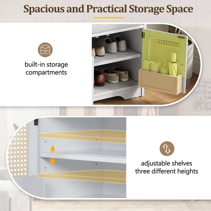 Roomfitters Large Entryway Storage Bench, Boho Rattan Cabinet, Shoe Organizer Seat, Adjustable Shelves