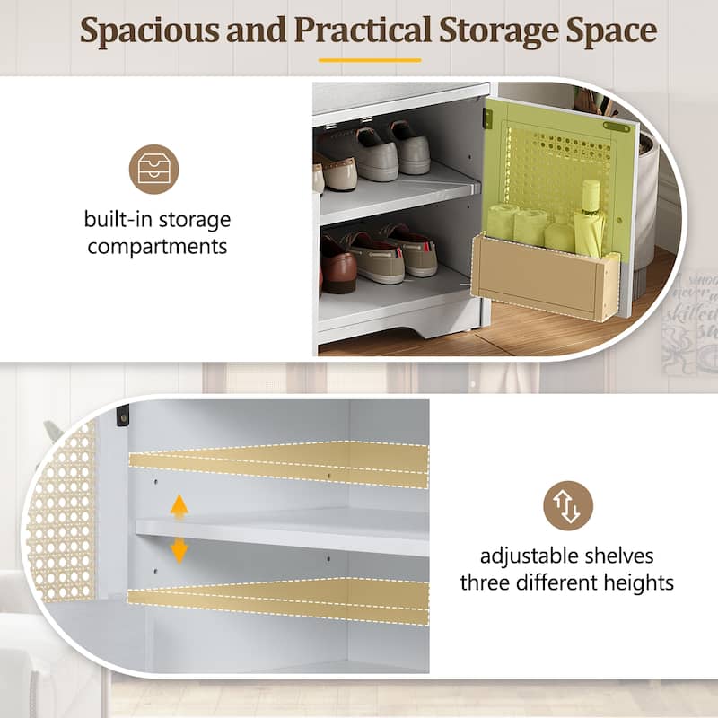 Rustic Storage Bench Multifunctional Wood Entryway Shoe Bench with Removable Cushion, Woven Rattan Doors & Adjustable Shelves