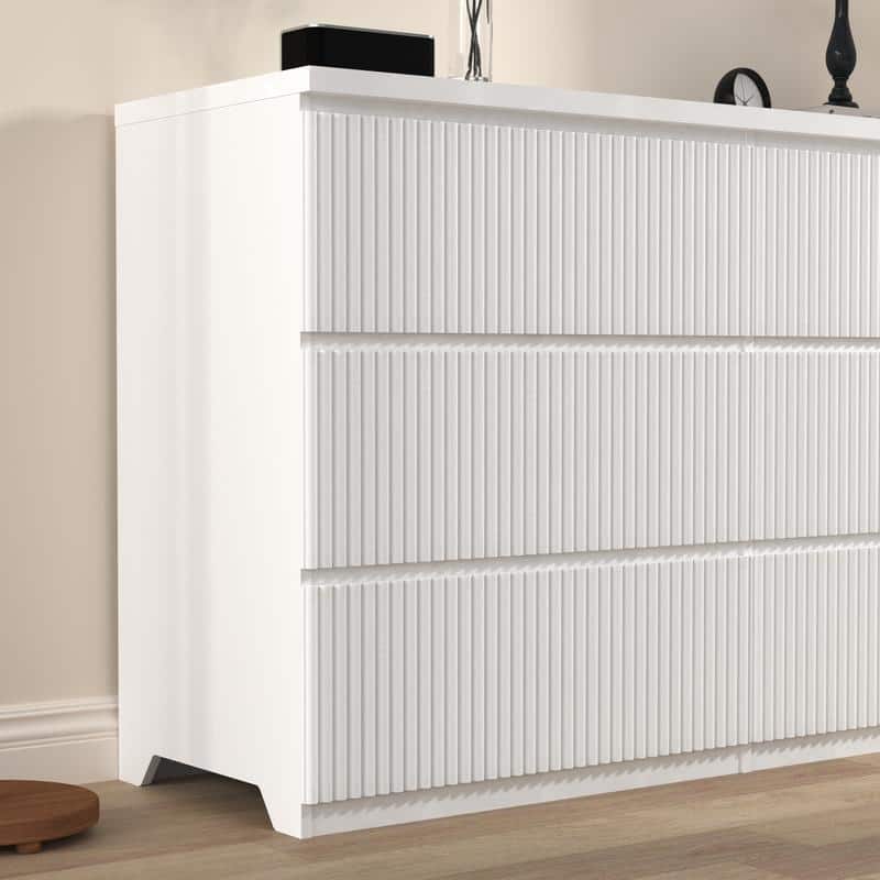 6-Drawer White Storage Cabinet, Modern Wavy Panel Dresser for Bedroom & Living Room