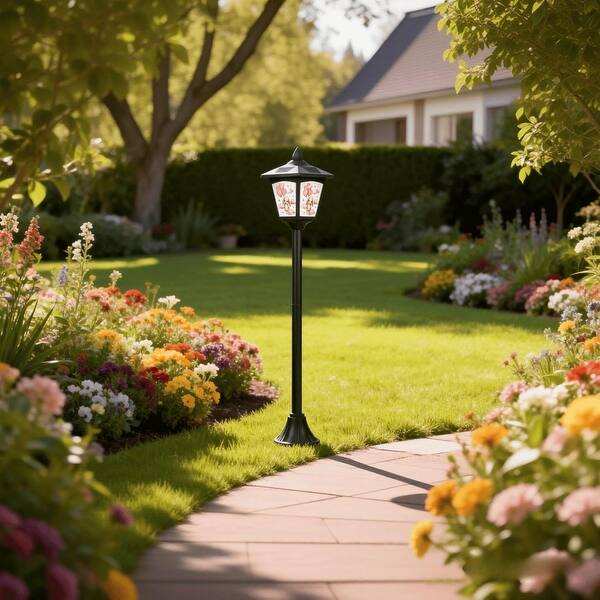 slide 2 of 8, 1 Pack 40" Solar Garden Lamp Post Light with Removable Cute Rabbit Design Panel, Waterproof LED Pathway Light - 40 Black