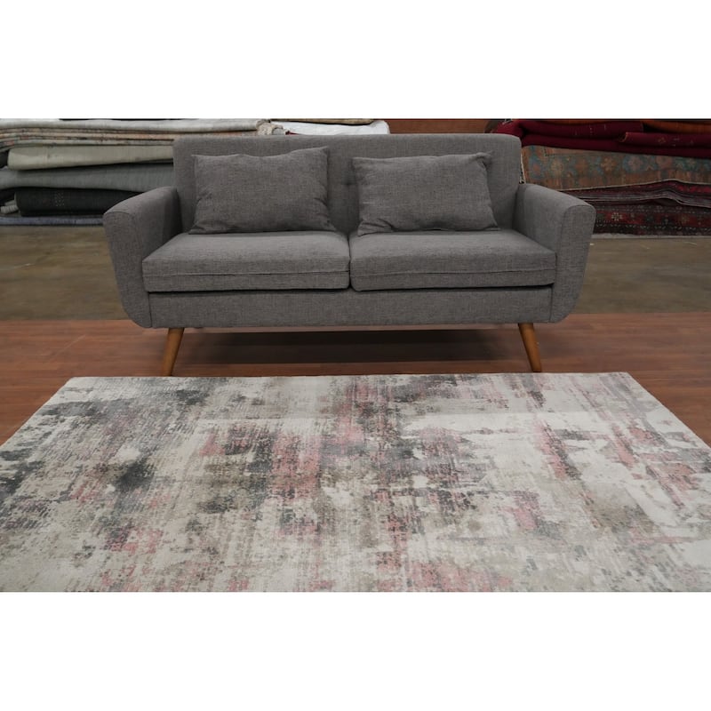 Hand Knotted Oriental Viscose Silk Carpet Modern Abstract Beige & Ivories Abstract Area Rug - 6' 7'' X 4' 9''