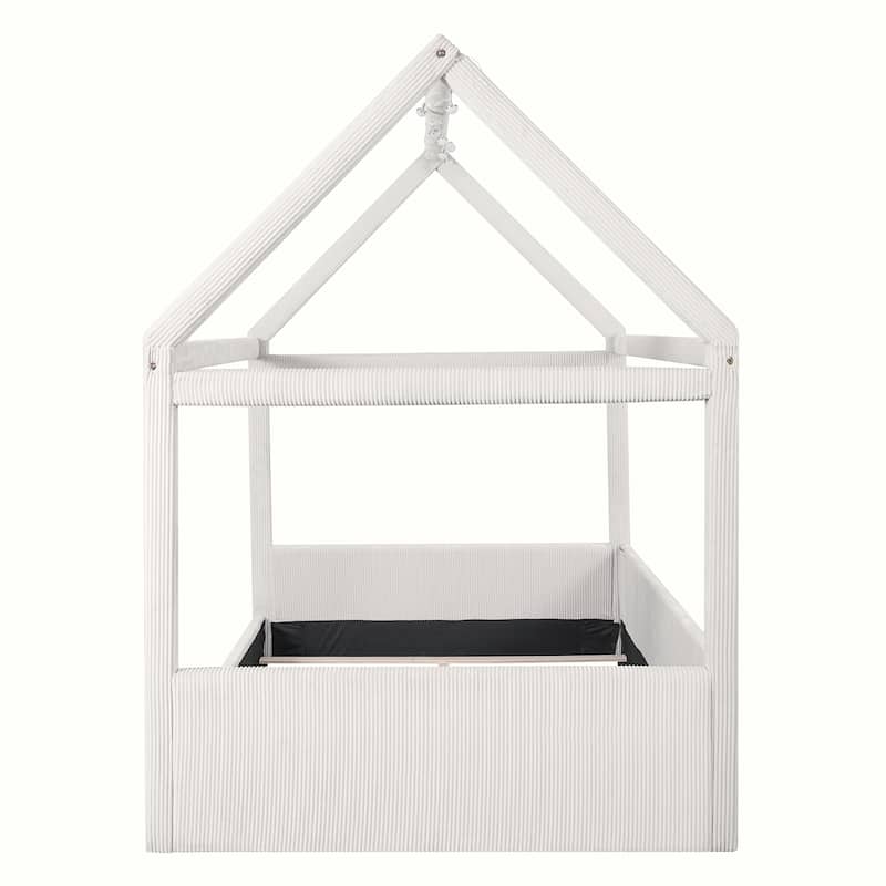 Full Size Upholstered Bed Frame Floor Daybed House Bed with House Roof LED Light Strips and Wood Slat Support for Childrens Room