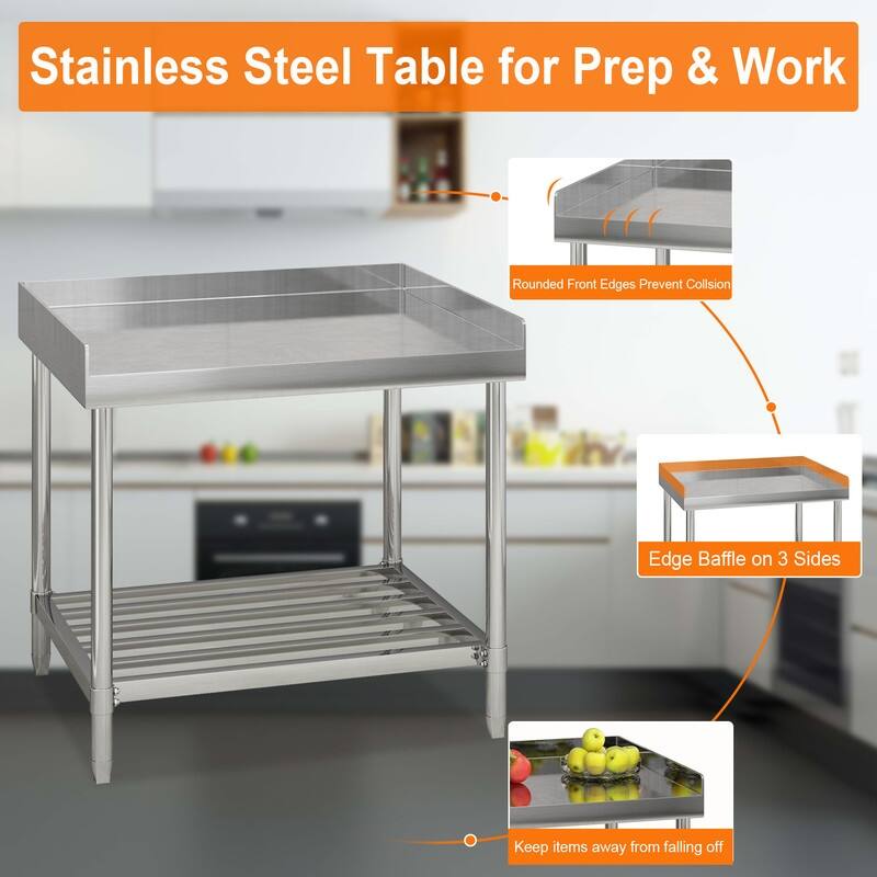 36 x 30 Inches Stainless Steel Table with Adjustable Undershelf and Three Side Baffles