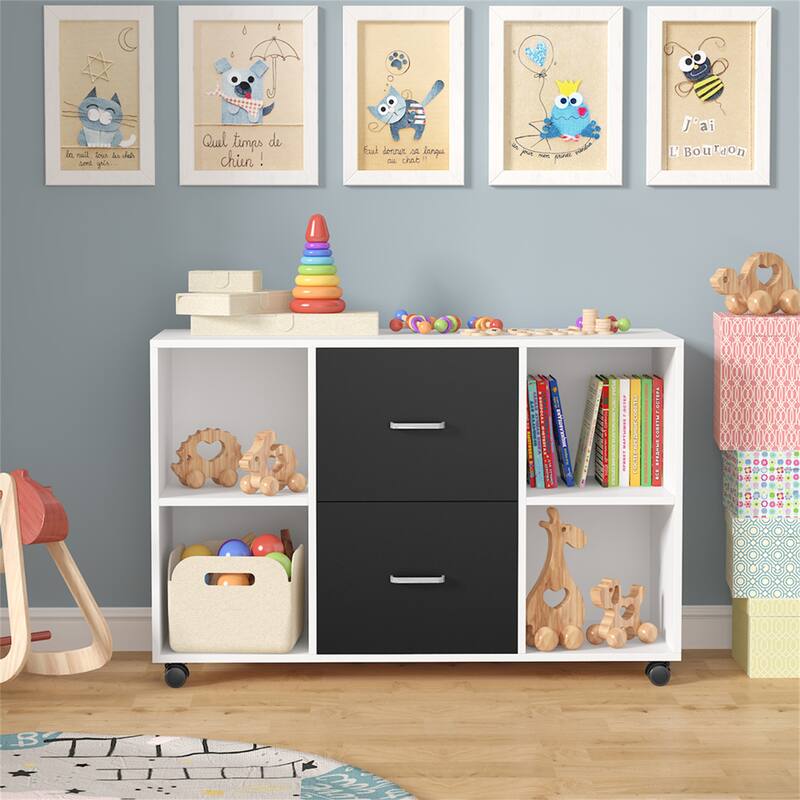 Wood File Cabinet with 2 Drawers and 4 Open Shelves Office Storage Cabinet