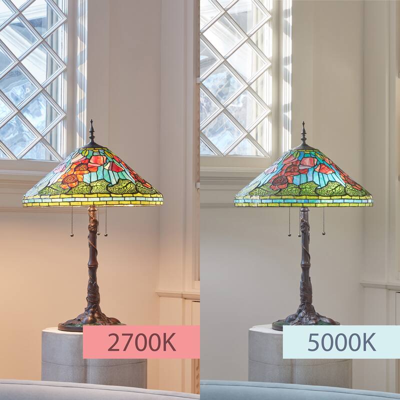 Poppies River of Goods Tiffany-Style Red, Green and Amber Stained Glass 29.5-Inch Table Lamp - 19.5" x 19.5" x 29.5"