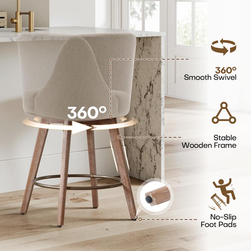 26" Upholstered Counter Height Swivel Bar Stool, Counter Stools with Solid Wood Legs - 39.37"H x 22.44"D x 21.65"W