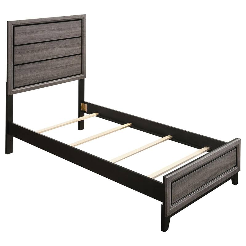 Modern Grey Oak Twin Panel Bed with Plank Headboard - Transitional Style
