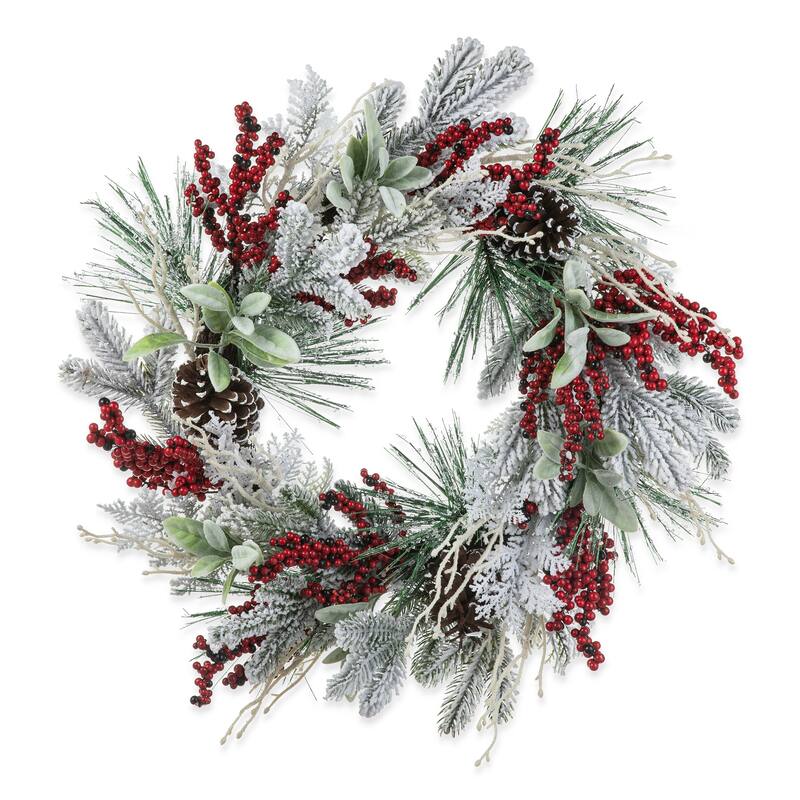 Glitzhome Artificial Christmas Flocked Pinecone Berry Teardrop Wreath Centerpiece