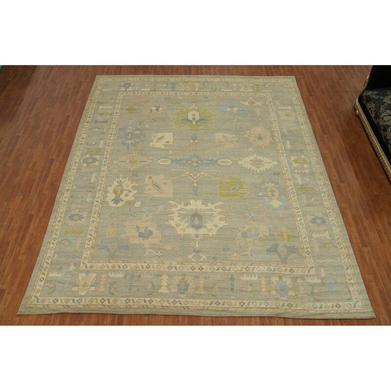 Vegetable Dye Wool Oushak Turkish Large Rug, Floral Geometric Carpet - 14' 6'' X 12' 3''
