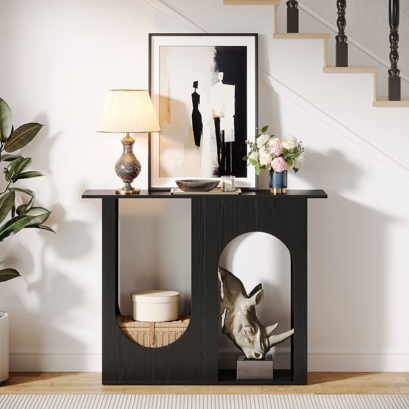 39'' Modern Black Wooden Console Table with Arch-Base for Entryway