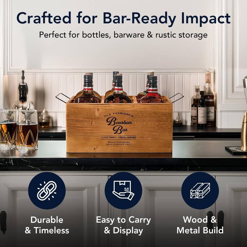 American Art Decor The Bourbon Bar Wood Crate Bottle Holder with Metal Handles - 7" H x 14" L x 8" D