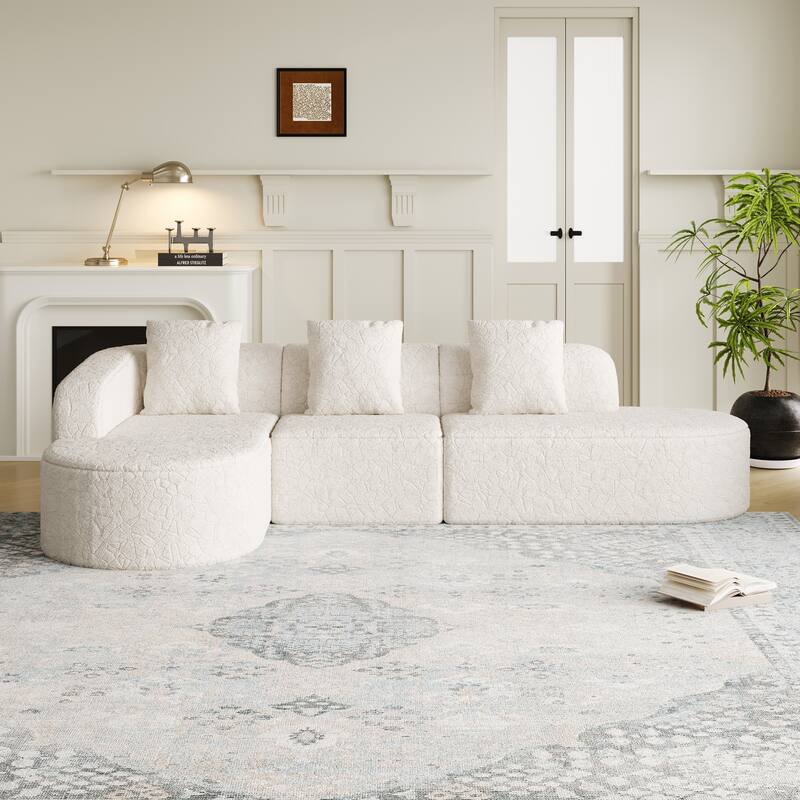 Curved Modular Sofa with Chaise Lounge, Full Compression Upholstered Boneless Sofa, Corner 3 Seater Sofa with 3 Pillows