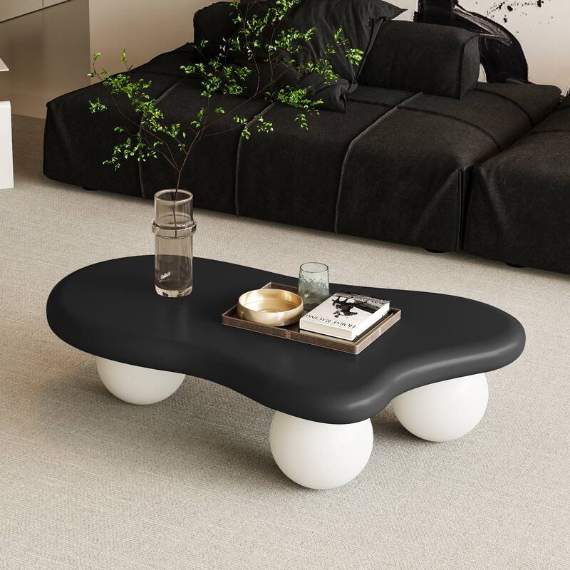 47 Inch Modern Cloud Shaped Coffee Table Irregular Top Coffee Table with 3 Ball Legs Round Corners, for Living Room