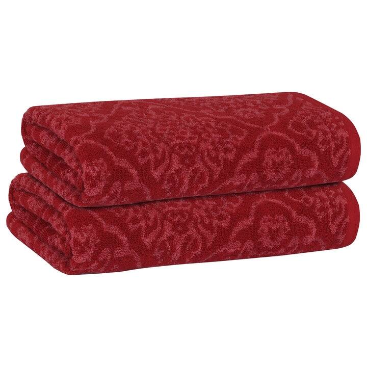 PREMIUS 2 Pack Damask 100% Cotton Yarn Dyed Bath Sheet, 32x64 Inches - 30x64 Inches - Burgundy