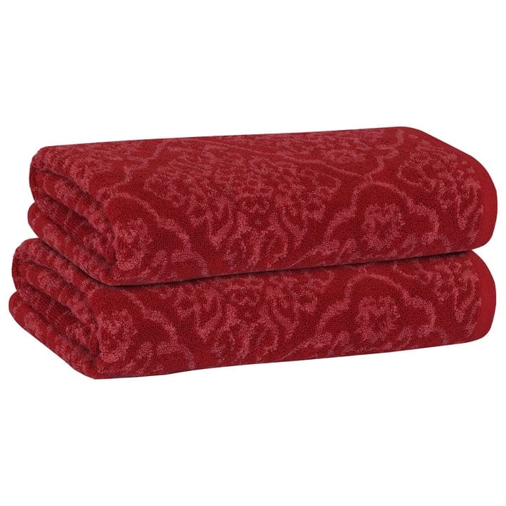 PREMIUS 2 Pack Damask 100% Cotton Yarn Dyed Bath Towel, 27x54 Inches - 27x54 Inches - Burgundy