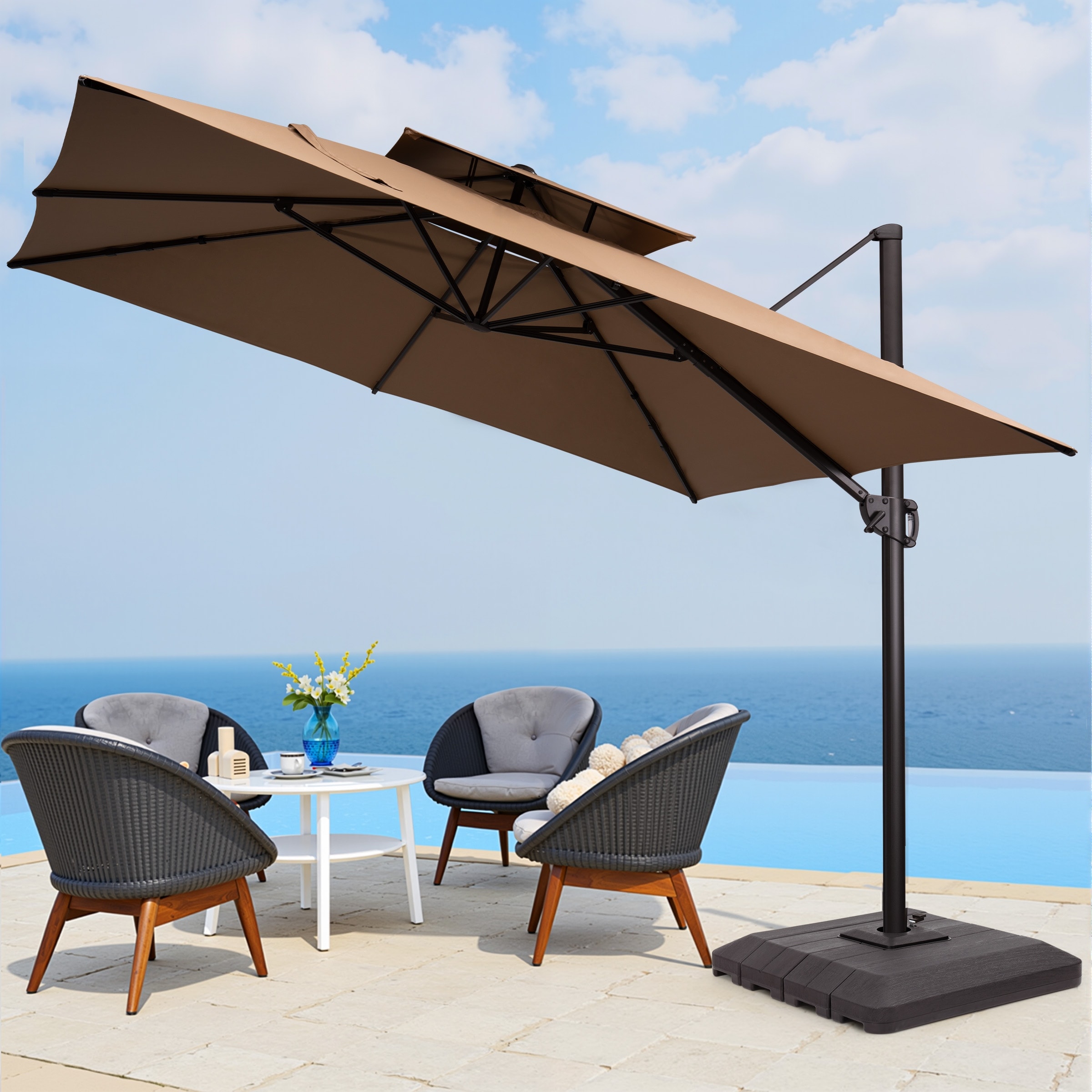 11 foot square patio umbrella 11X11 FT Cantilever Outdoor with Solar Lights Base Included | Modern Contemporary Solid Pattern Black Color the crank handle allows you to adjust the tilt angle at the touch of a button Pellebant 11x 11 ft Square